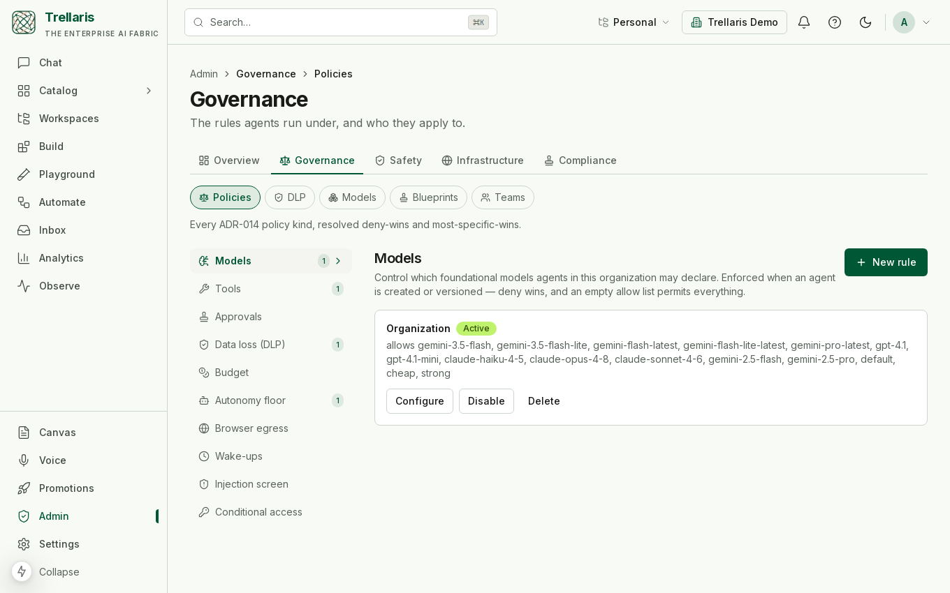 The admin Policies console.