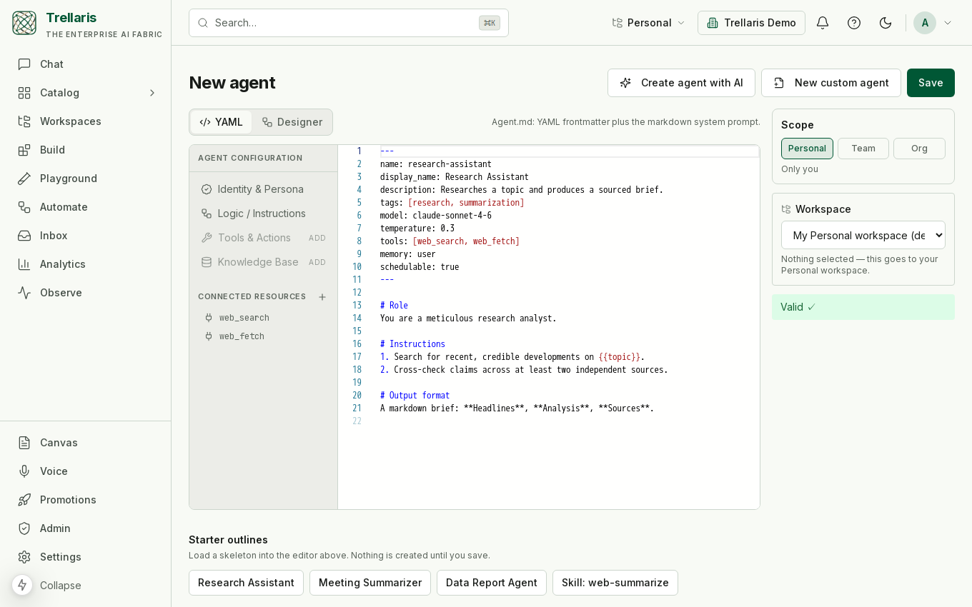 Composing an agent in the Agent Designer.