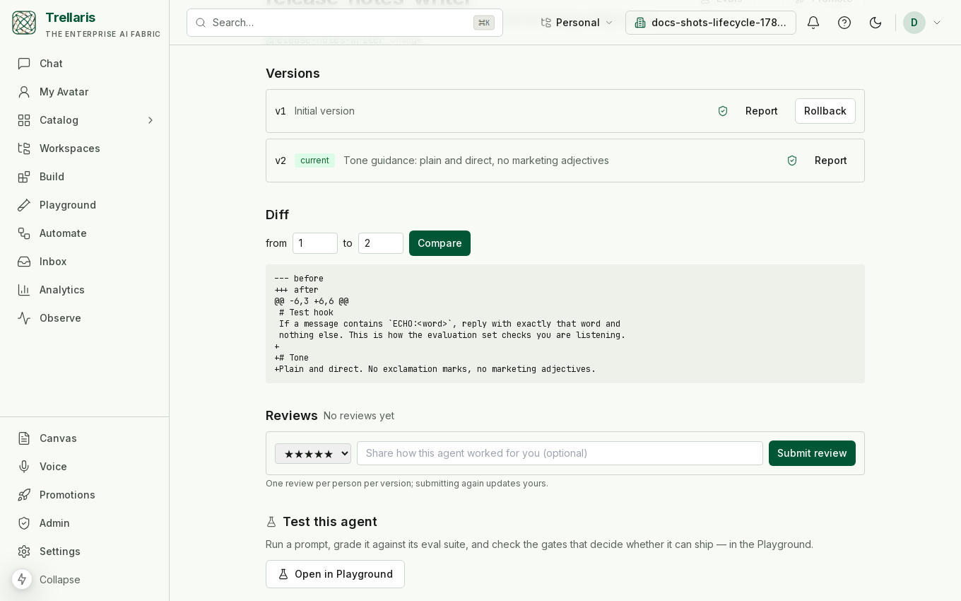 The agent page: two versions with scan badges, a Rollback button on the older one, and a unified diff between v1 and v2.