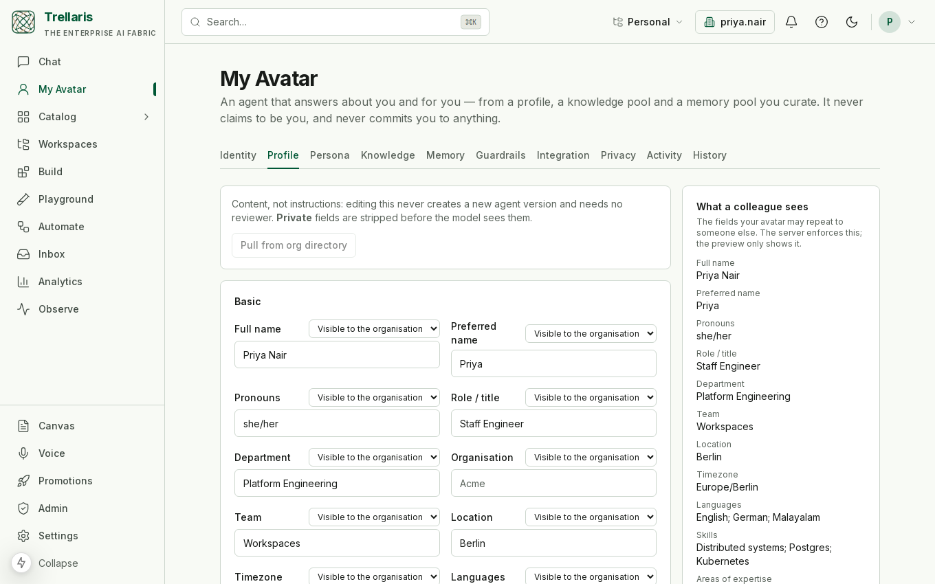 The Profile tab of My Avatar: grouped fields, each with its own visibility selector.