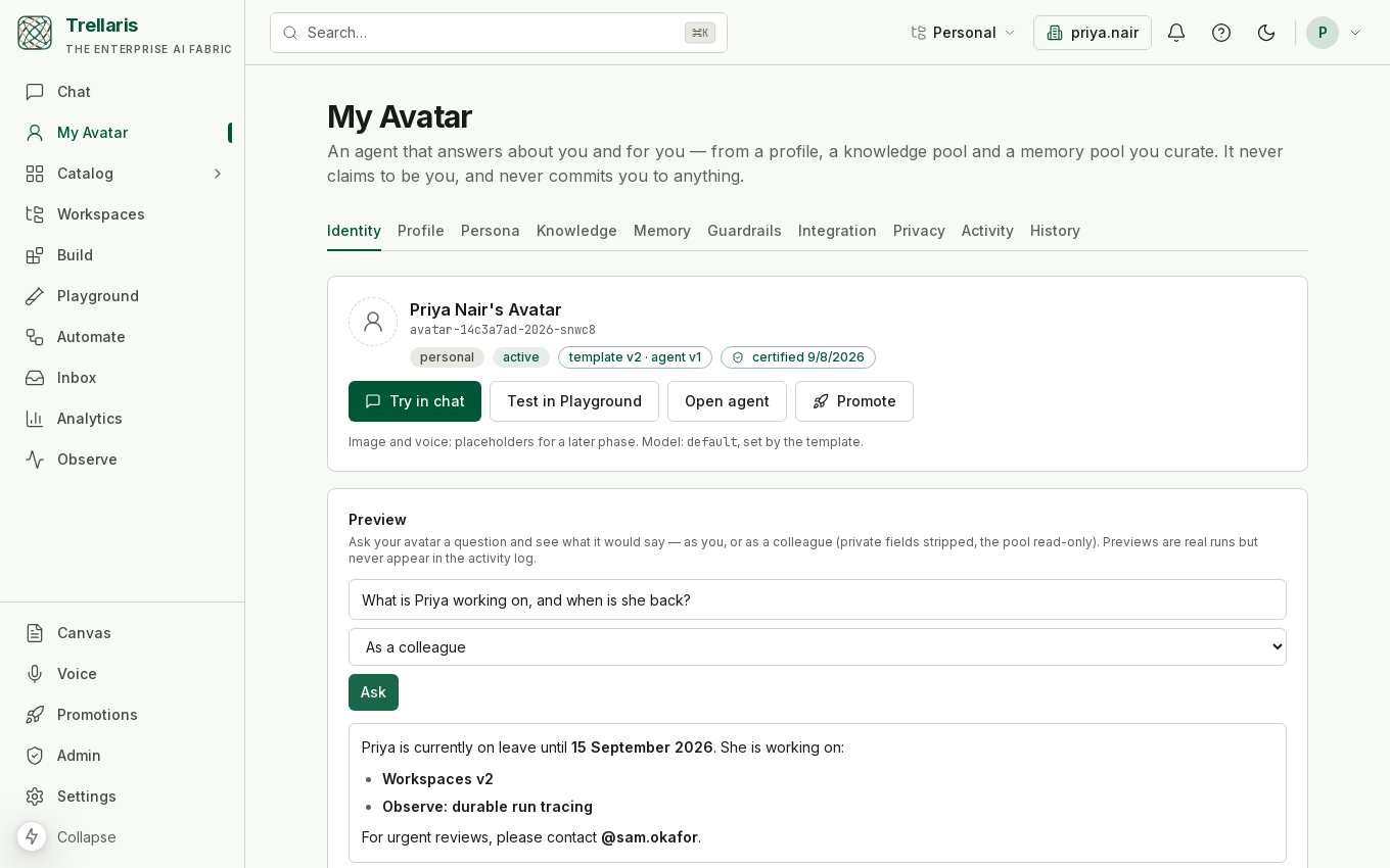 The My Avatar page: identity card with the generated name, ring, status and certification badges, and the preview box answering a question as a colleague.