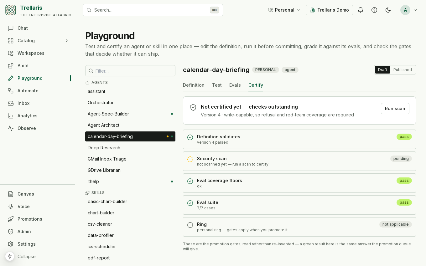 The Playground Certify panel showing each promotion gate.